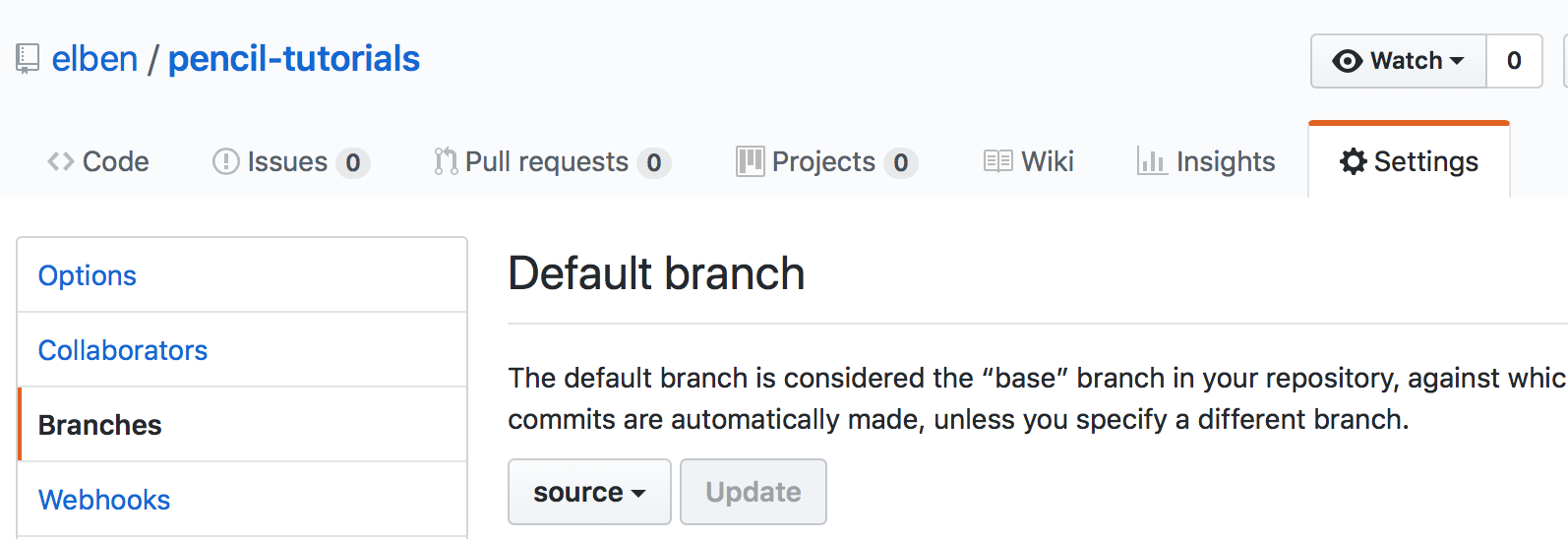 GitHub Settings: Set base branch to source